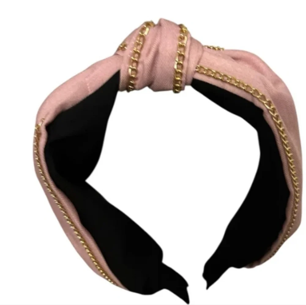 Stylish Denim/ Pink Wide Knot Headband with Gold Chain